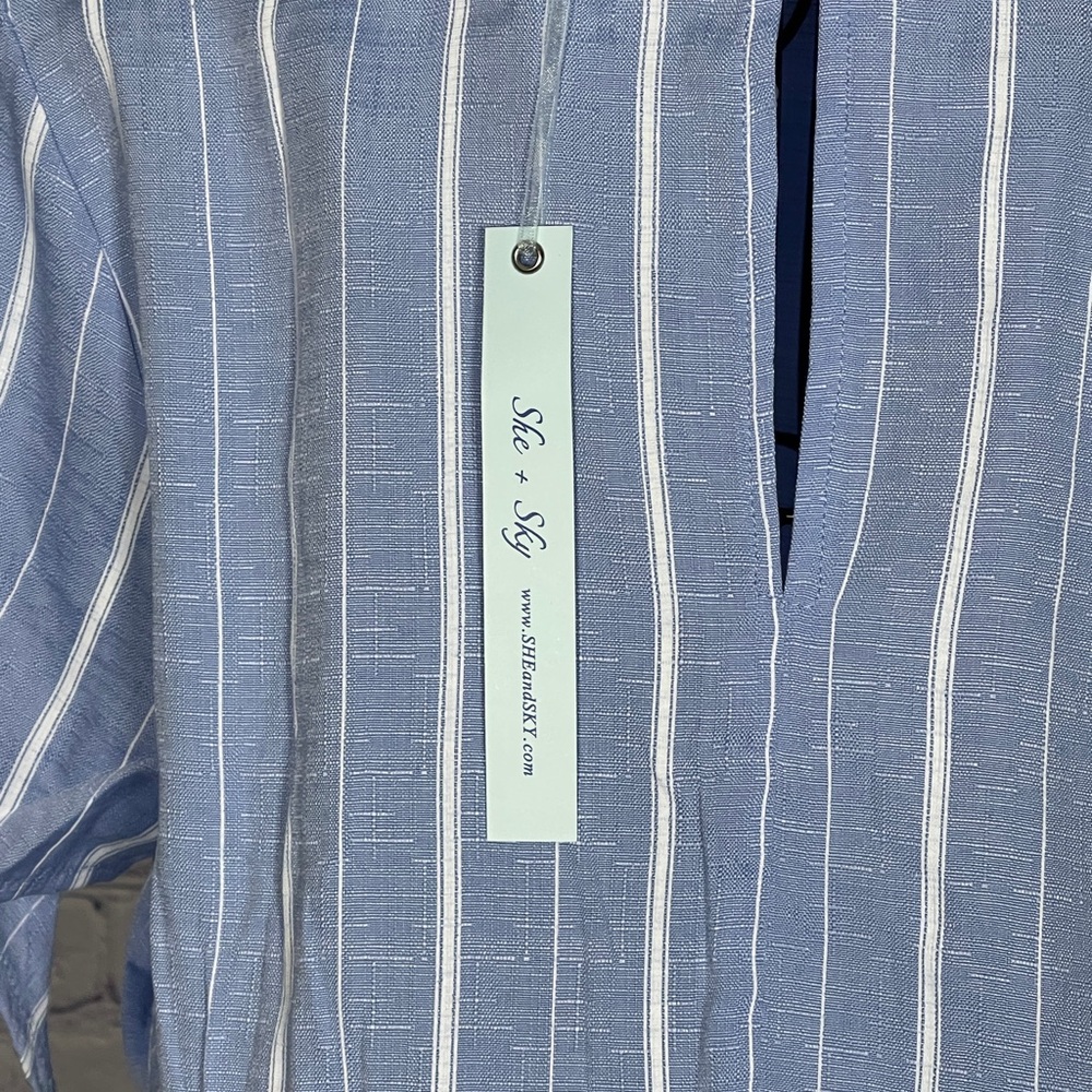 She + Sky Blue and White Striped Cold Shoulder Blouse - Picture 8 of 8